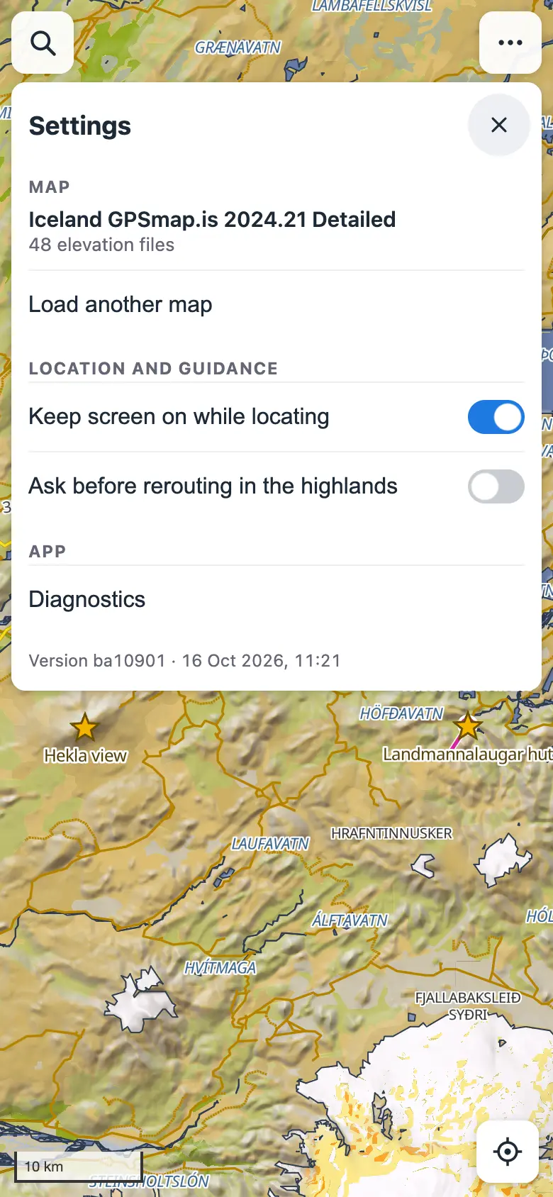 Settings: the map loaded and Load another map, the Keep screen on and Ask before rerouting switches, Diagnostics and the version