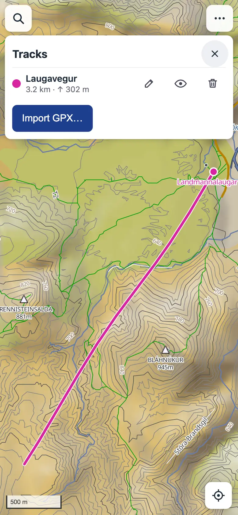 The Tracks panel listing a GPX track with its distance and climb, and the track drawn on the map